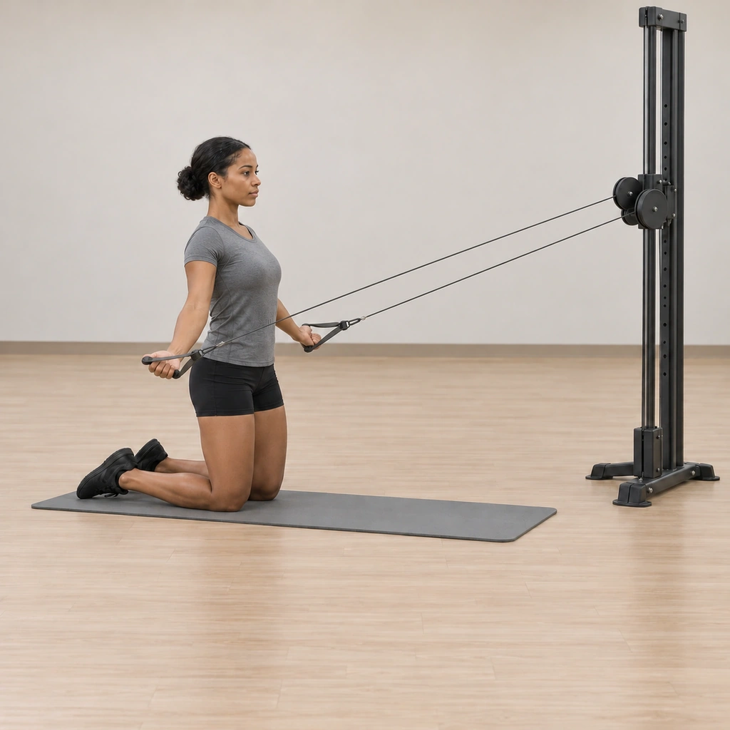 At the end of the pull her straight arms sit just behind her at hip level, the palms now rotated to face upward with the shoulders rolled externally, her chest open and her kneeling posture still tall.
