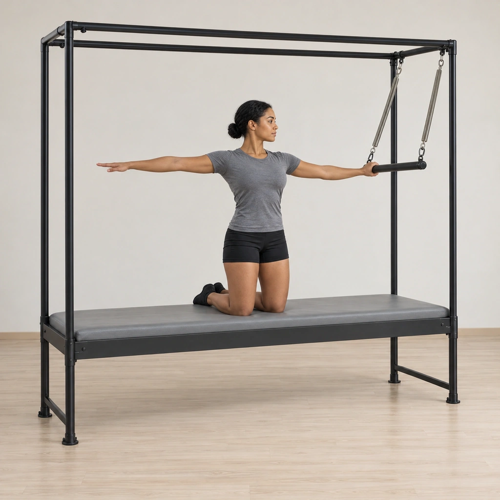 She kneels tall on the table top side-on to the spring-hung push-thru bar, her knees a hip distance apart, the heel of her near hand resting on the bar with the thumb wrapped, her free arm reaching out long to the side.