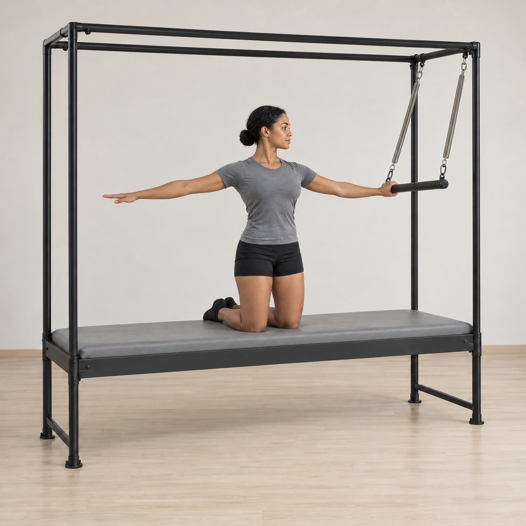 She kneels tall with both arms reaching sideways, her near hand pressing the bar down a few inches against the spring and releasing it, her free arm holding its long line.