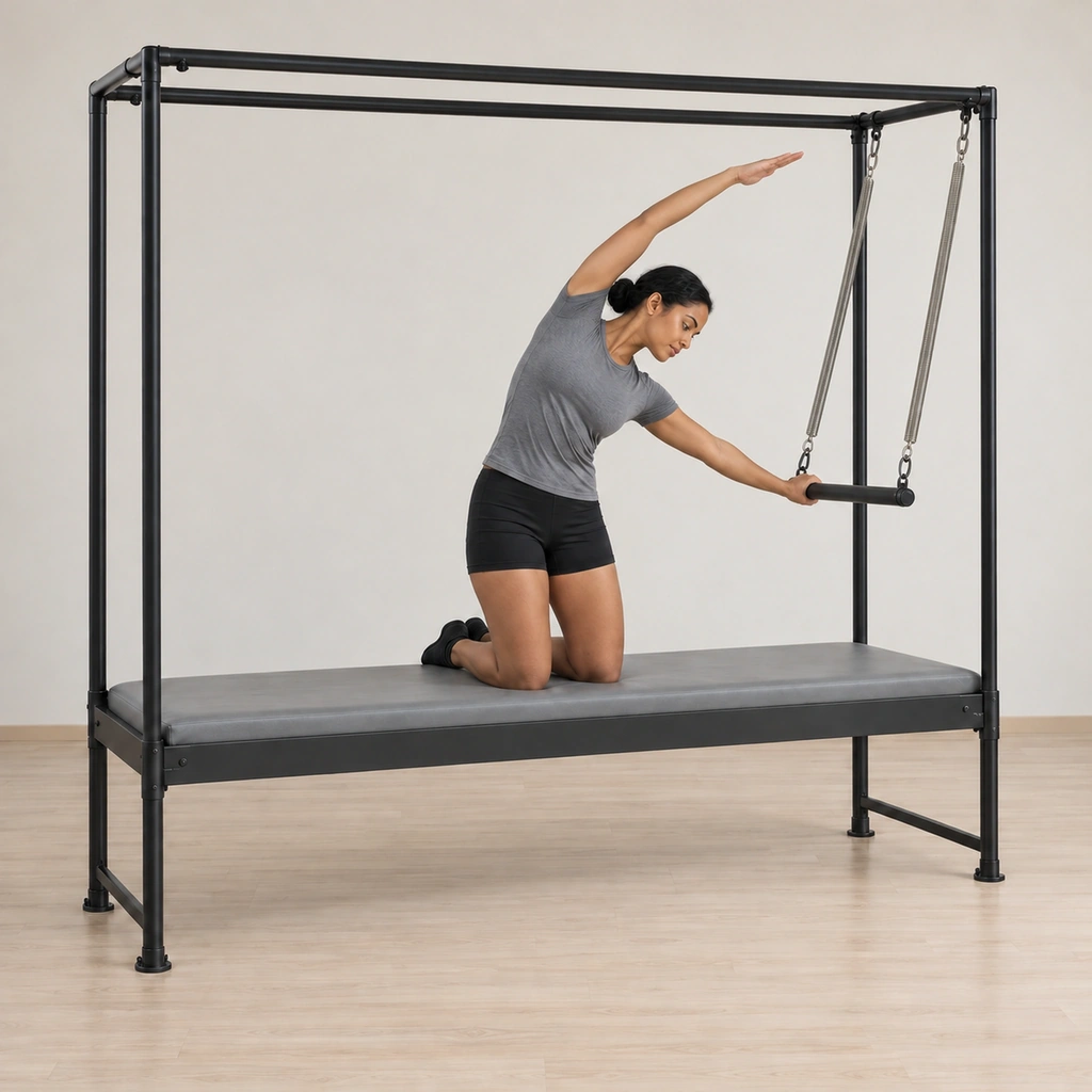 Her spine has lifted up and over into a deep side bend toward the bar side, her near hand pressing the bar down on its arc as her waist leads the bend, both knees rooted evenly.