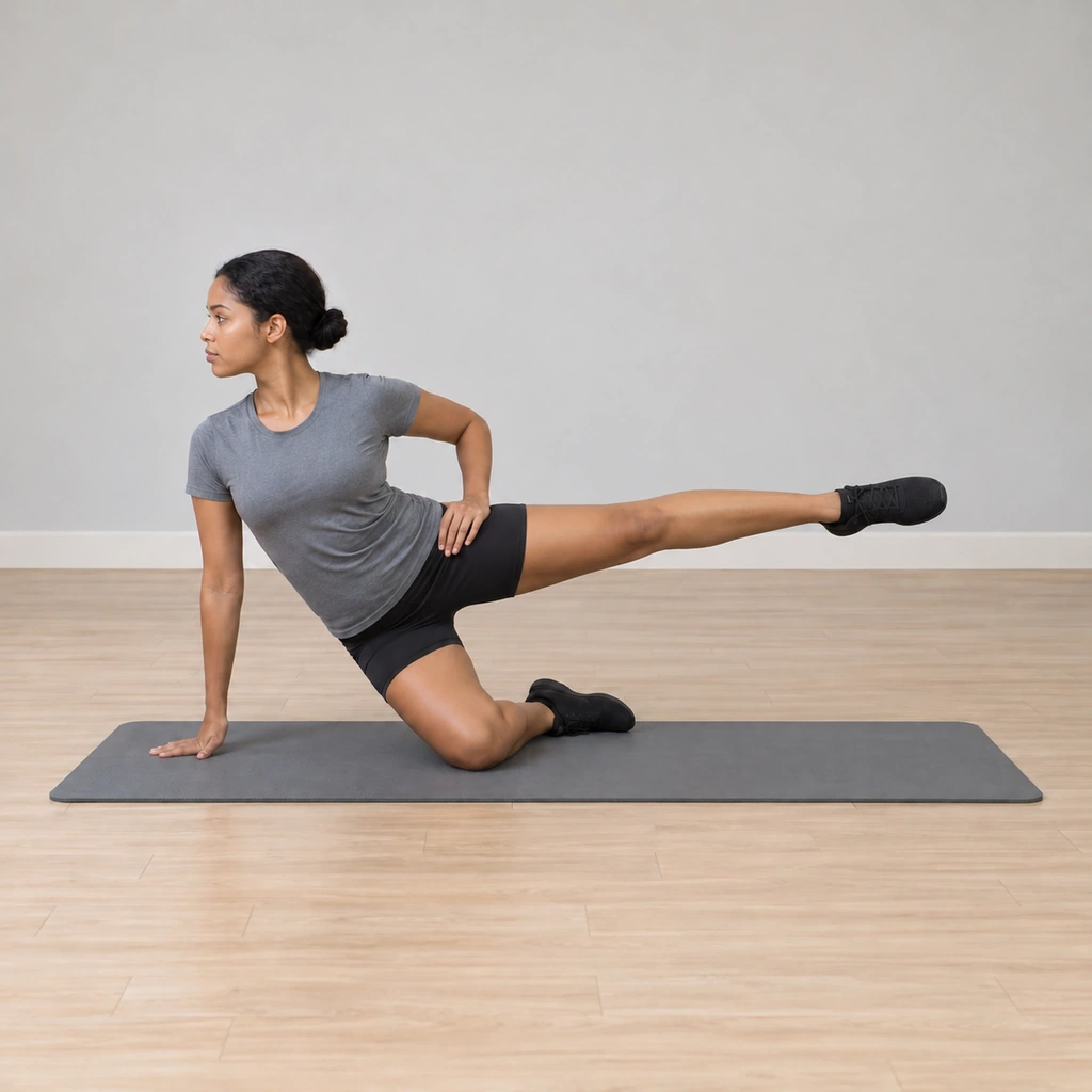 Her top leg is lifted high to the side, her standing hip still stacked over the bottom knee, her arms and shoulders steady.