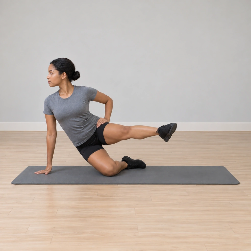 Her top leg has reached forward in the second of the double front pulses, her standing hip still stacked over the knee, her shoulders square.