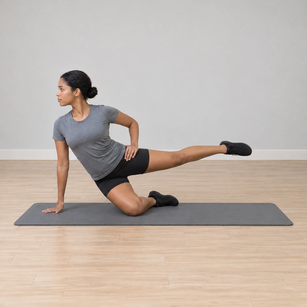 Her top leg is swept back behind her in the second of the double back pulses, her hip still stacked, her balance held on the hand and knee.