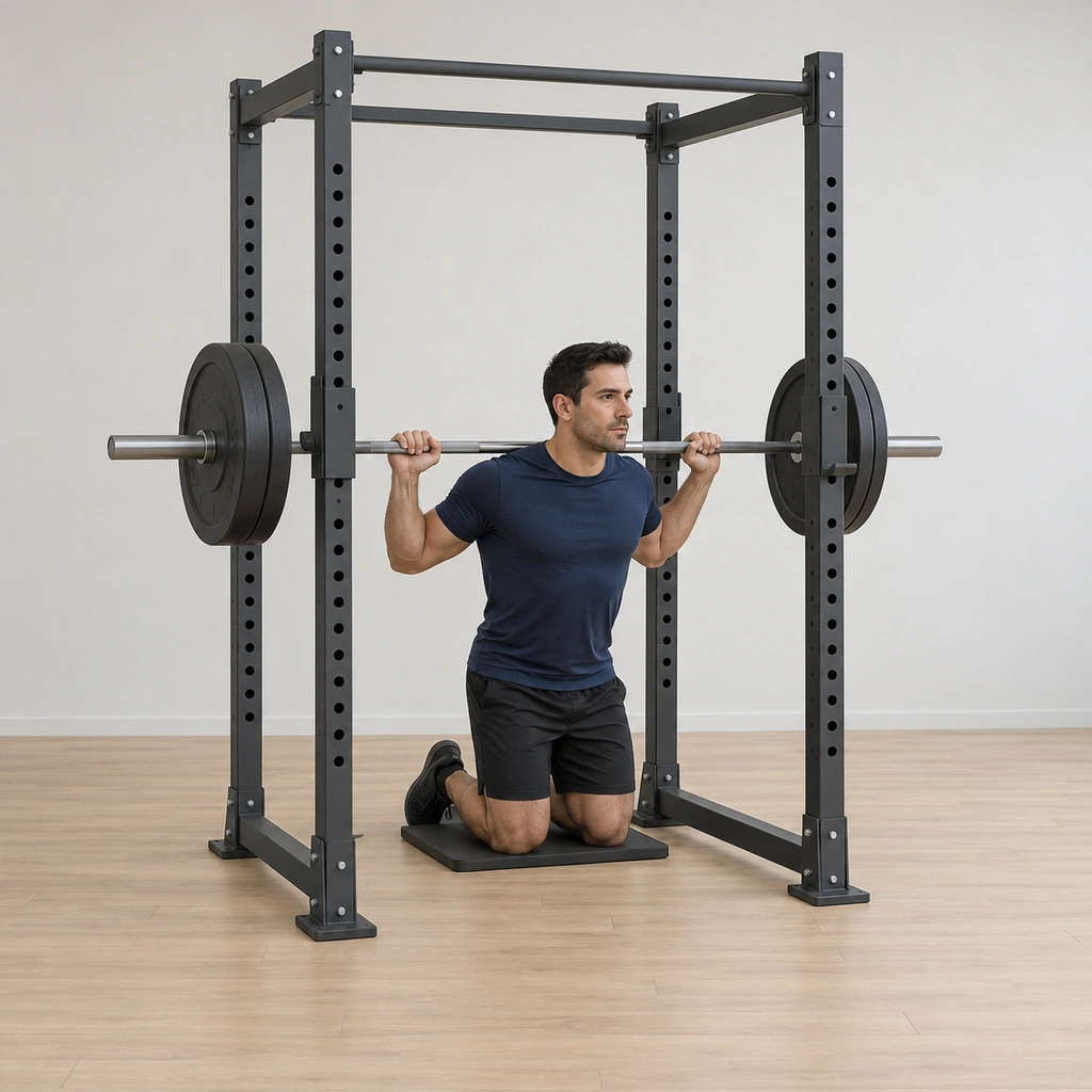 He kneels tall inside the rack on the knee mat with the loaded bar now resting across the back of his shoulders, blades retracted tight, hands on the bar.