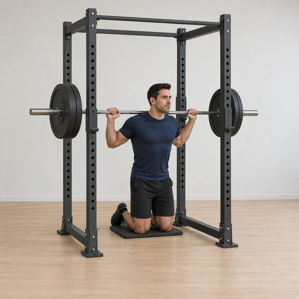 He kneels tall with the bar lifted clear of the hooks and held tight across his upper back, torso upright over his hips.
