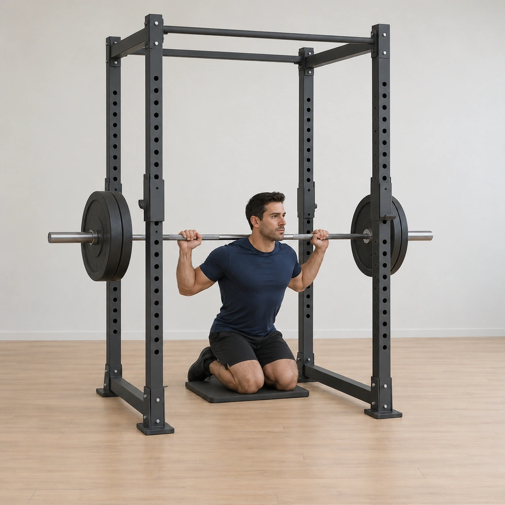 He has sat his hips back so his butt touches his calves, the bar still tight on his shoulders, his head looking forward over the deep kneel.