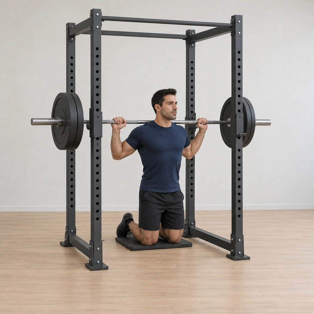 He has driven his hips back up under the bar and returned to the tall kneel, torso upright, bar still tight across his shoulders.