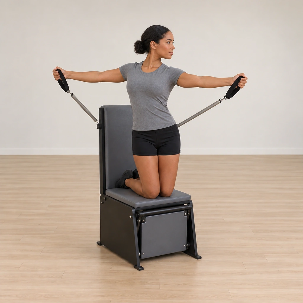 She rotates her chest to the right, arms staying wide, the springs beginning to engage as the twist deepens.