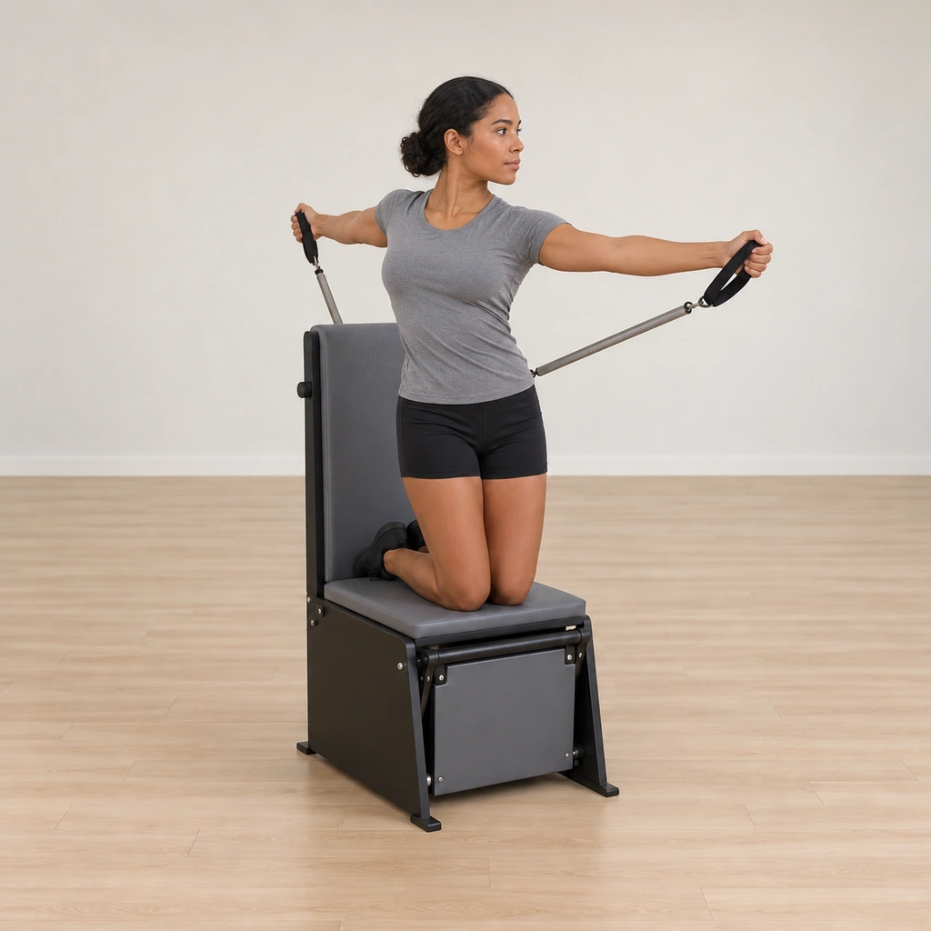 She holds the deeper rotation, arms wide, springs drawn by the arm line, the tall kneel unchanged below the rotating chest.