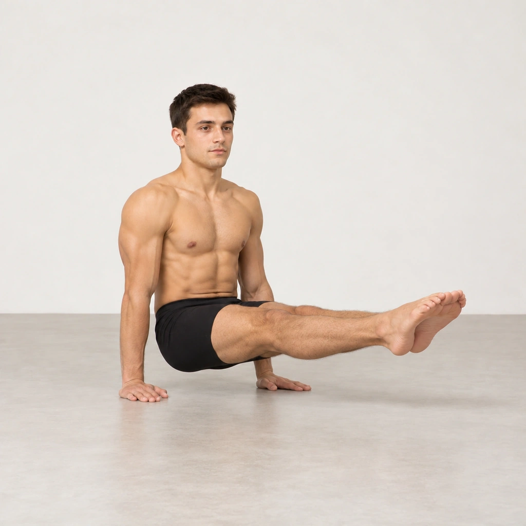 The same man raised off the floor, seated legs held straight and together and parallel to the floor, balanced only on his straight arms and flat palms beside his hips.
