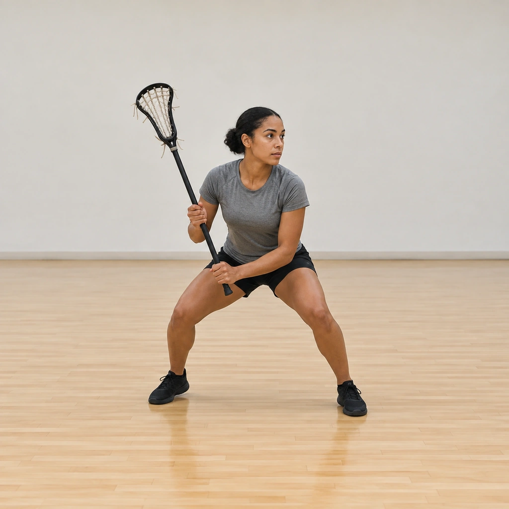 She sets her feet slightly wider than her shoulders, shifts her weight onto the balls of her feet with her heels just lifted and sits into the low athletic base.