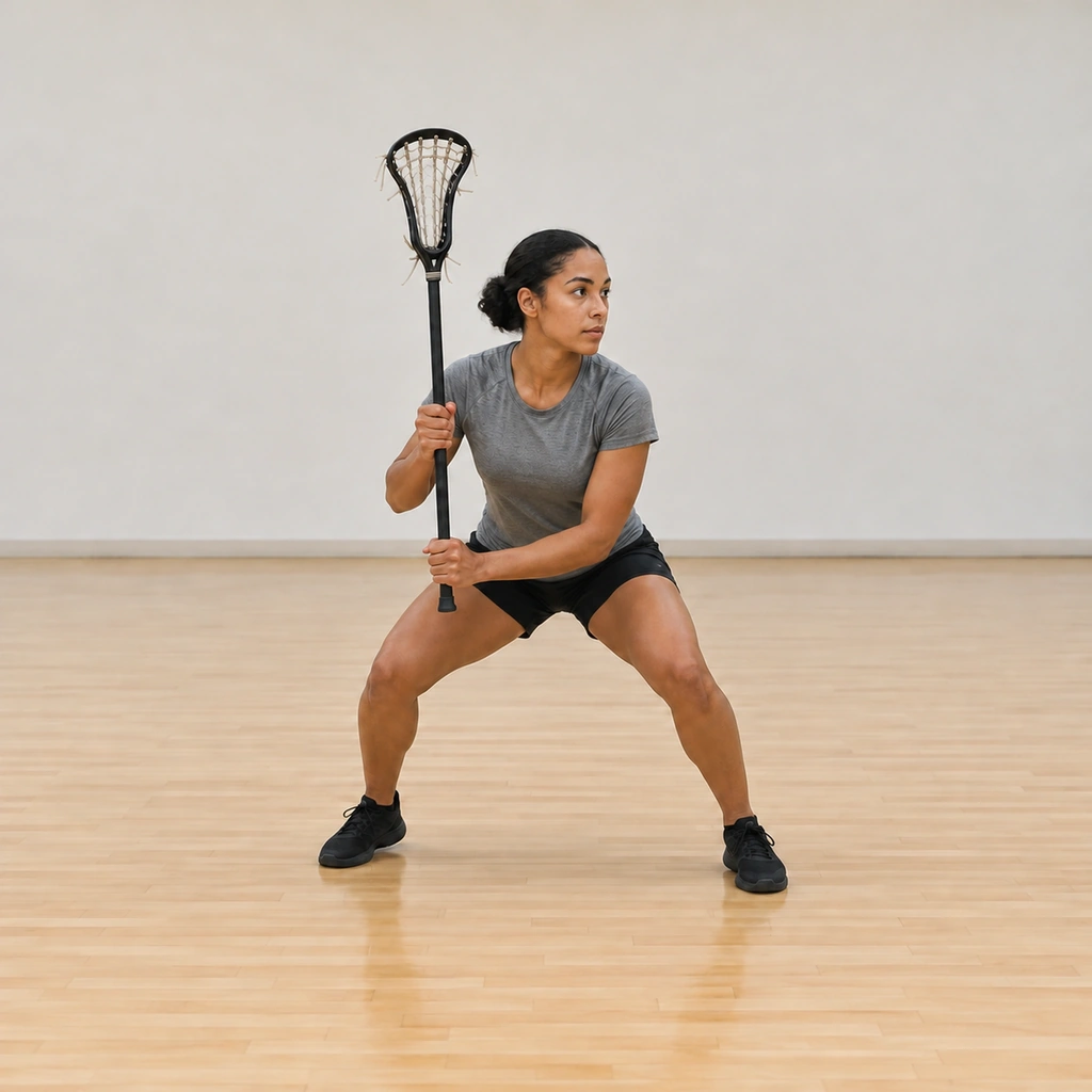 She holds the stick vertical with the middle of the shaft between her hands, the shaft mirroring the imagined attacker's hips in front of her.