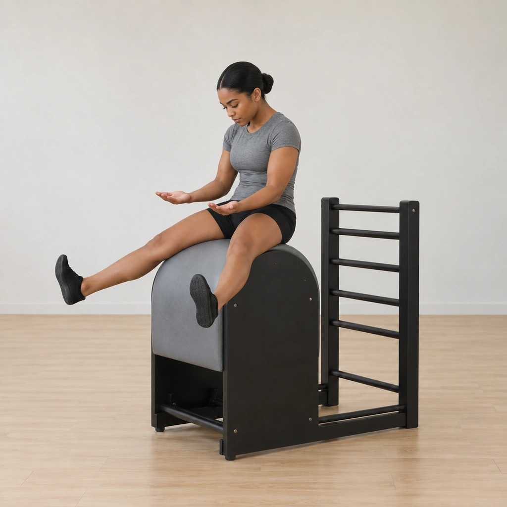 The woman squeezes the barrel between her inner thighs while her center scoops inward, her back rounding into a C-curve, her arms still bent at her sides.