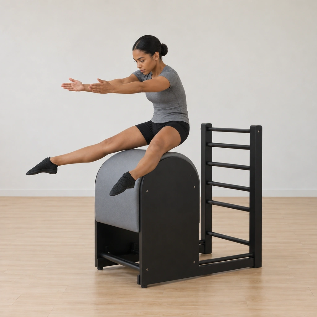 The woman points her feet, reaches her arms out straight and lifts her seat off the barrel while still squeezing it with her inner thighs, her back held in the round C-curve.
