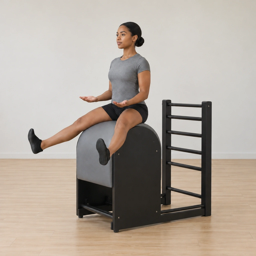 The woman lengthens her back and lowers her seat back onto the barrel, her legs still straddled long, her arms settling bent by her sides.