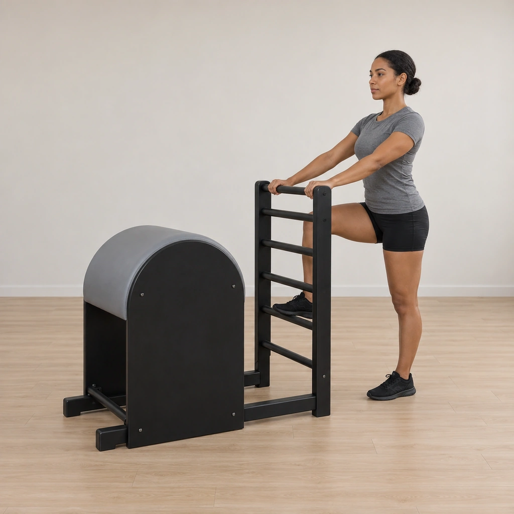 A woman stands at the ladder side of a ladder barrel, the ball of her right foot resting on a mid-height rung, both hands gripping the top rungs, her posture tall.