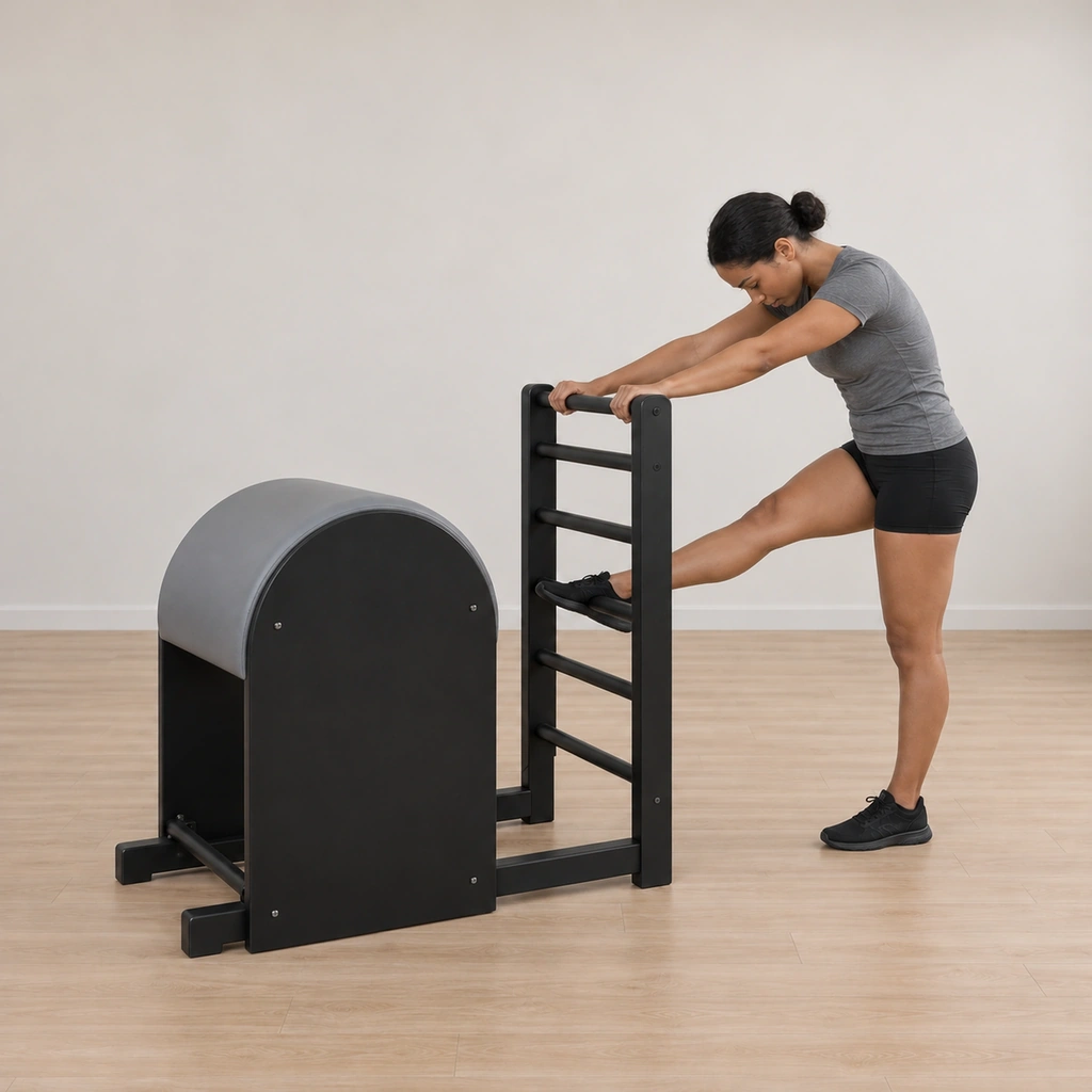 The woman rounds her back forward while straightening her right leg on the ladder rung, her standing left leg straight under her pelvis, her hips square, hands on the top rungs.