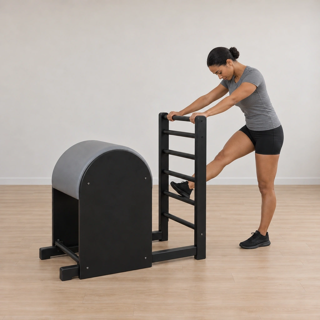 The woman keeps her rounded-back position while lowering and lifting the heel of her right foot on the rung in a small controlled pulse, deepening the stretch.