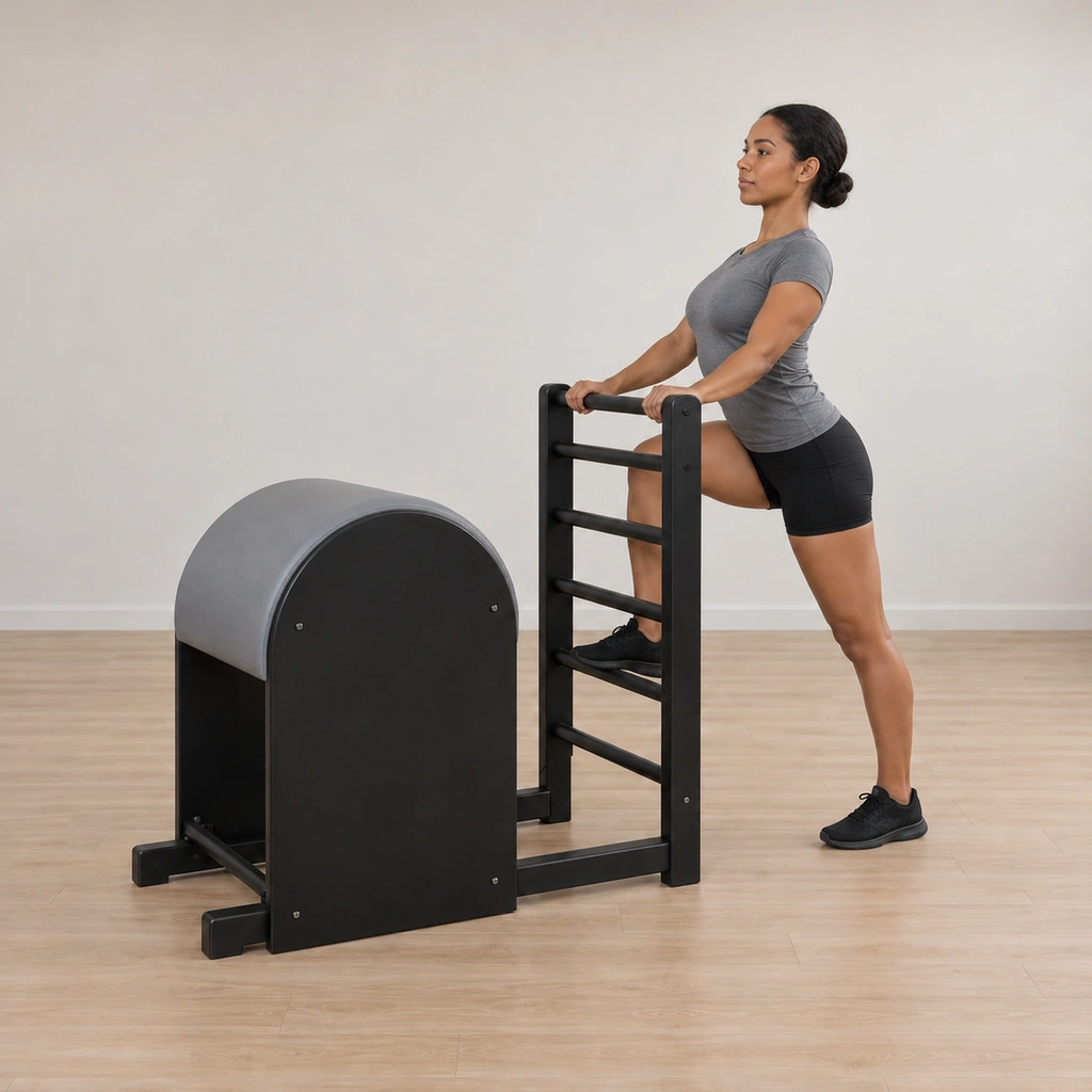 The woman lifts her chest while bending her right knee on the rung and stretching her body forward, her standing leg long behind, her spine moving into a mild extension.