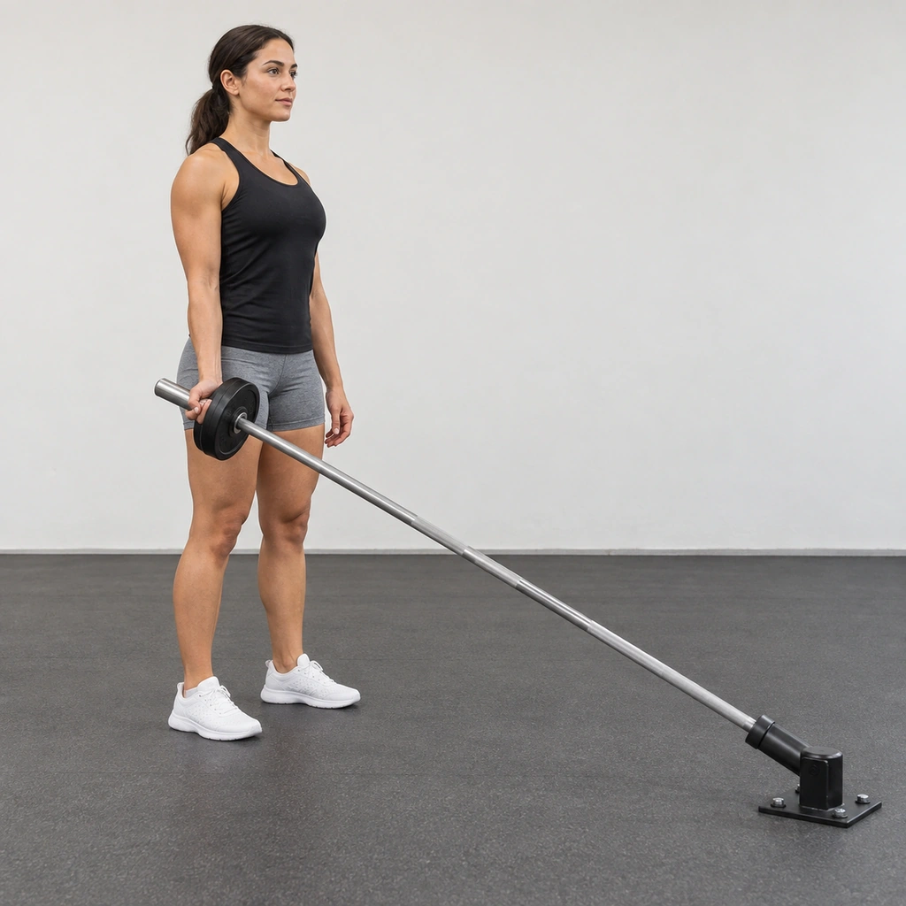 A woman standing upright with her right hand, palm up, holding the end of a landmine barbell low beside her right thigh.