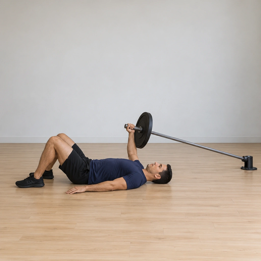 He lies supine on the floor beside the anchored bar, right hand gripping the bar end at his shoulder, knees bent and feet flat, elbow bent on the floor.