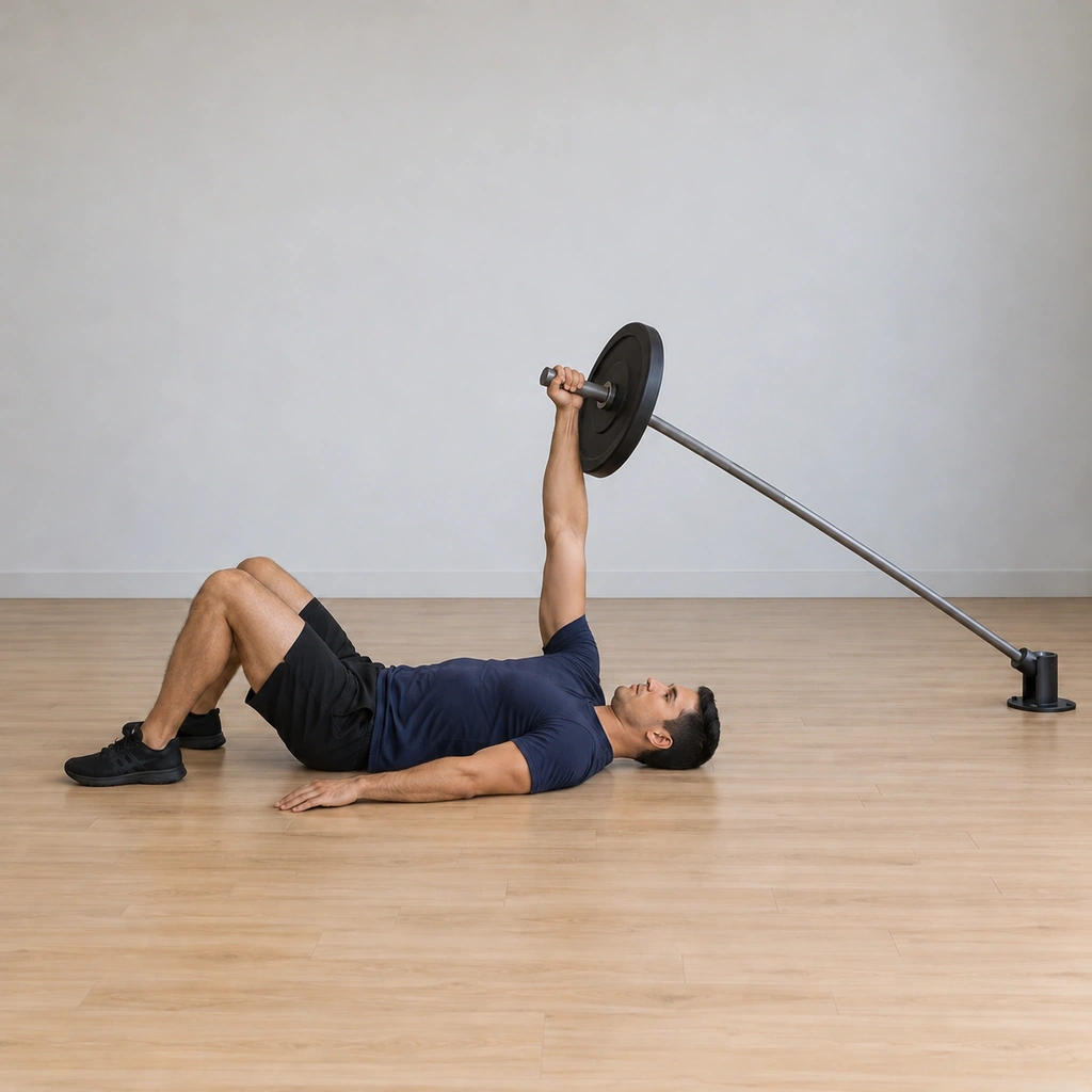 He presses the bar end up to full arm extension, right arm straight above his shoulder, still lying on the floor.