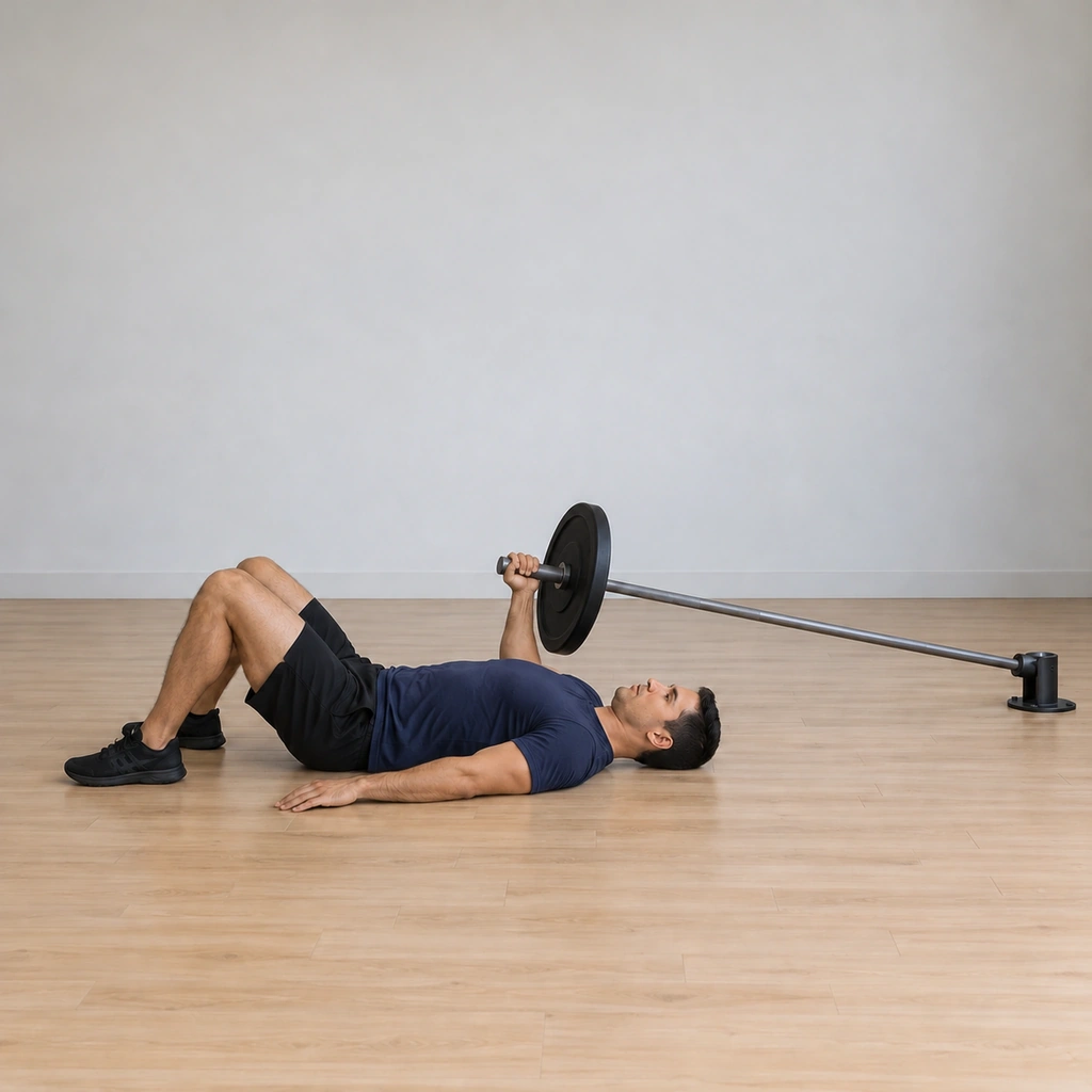 He lowers the bar end under control until his right elbow touches the floor beside him, the bar angled down toward its anchor.