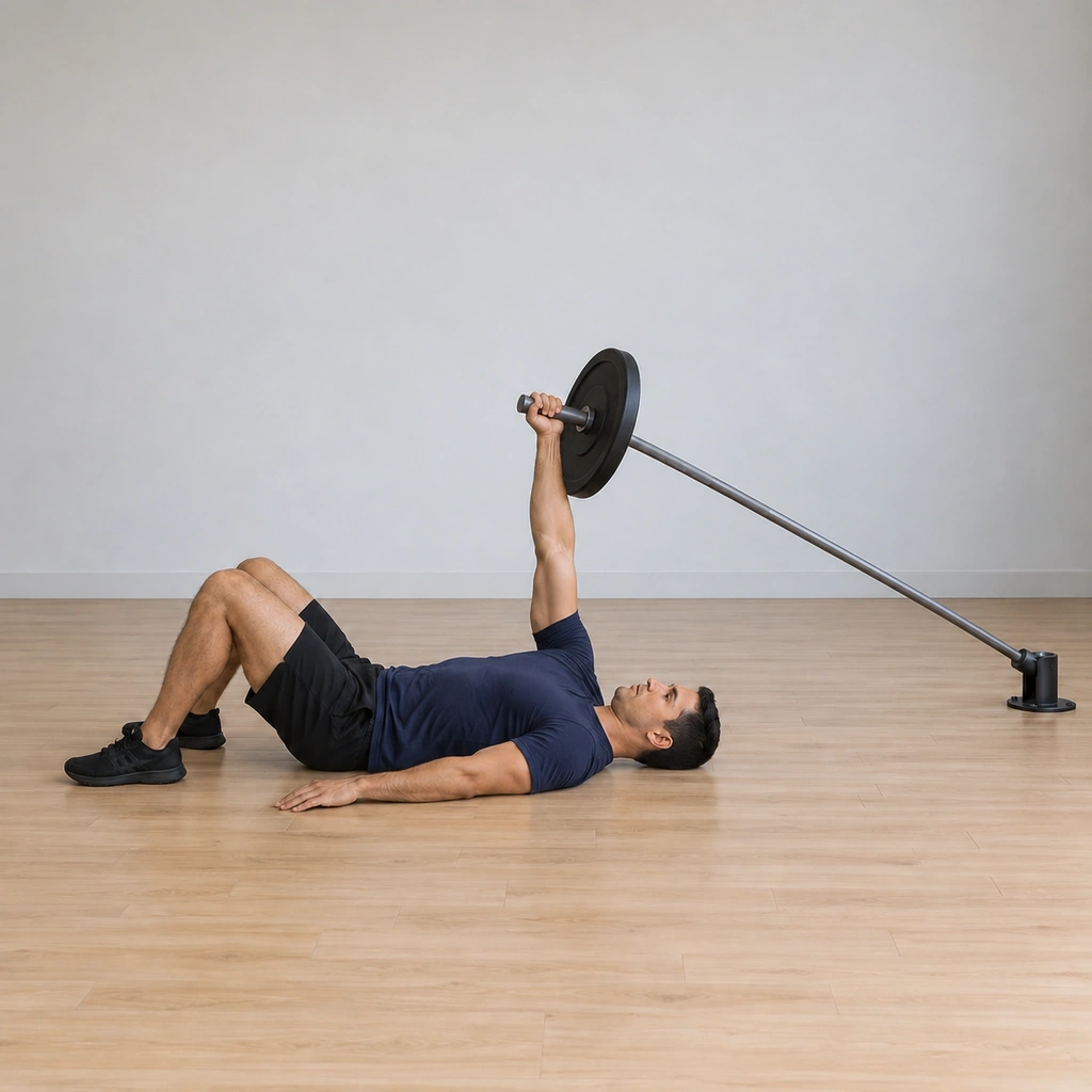 He presses the bar end back up toward extension, right arm straightening above the shoulder for the next rep.