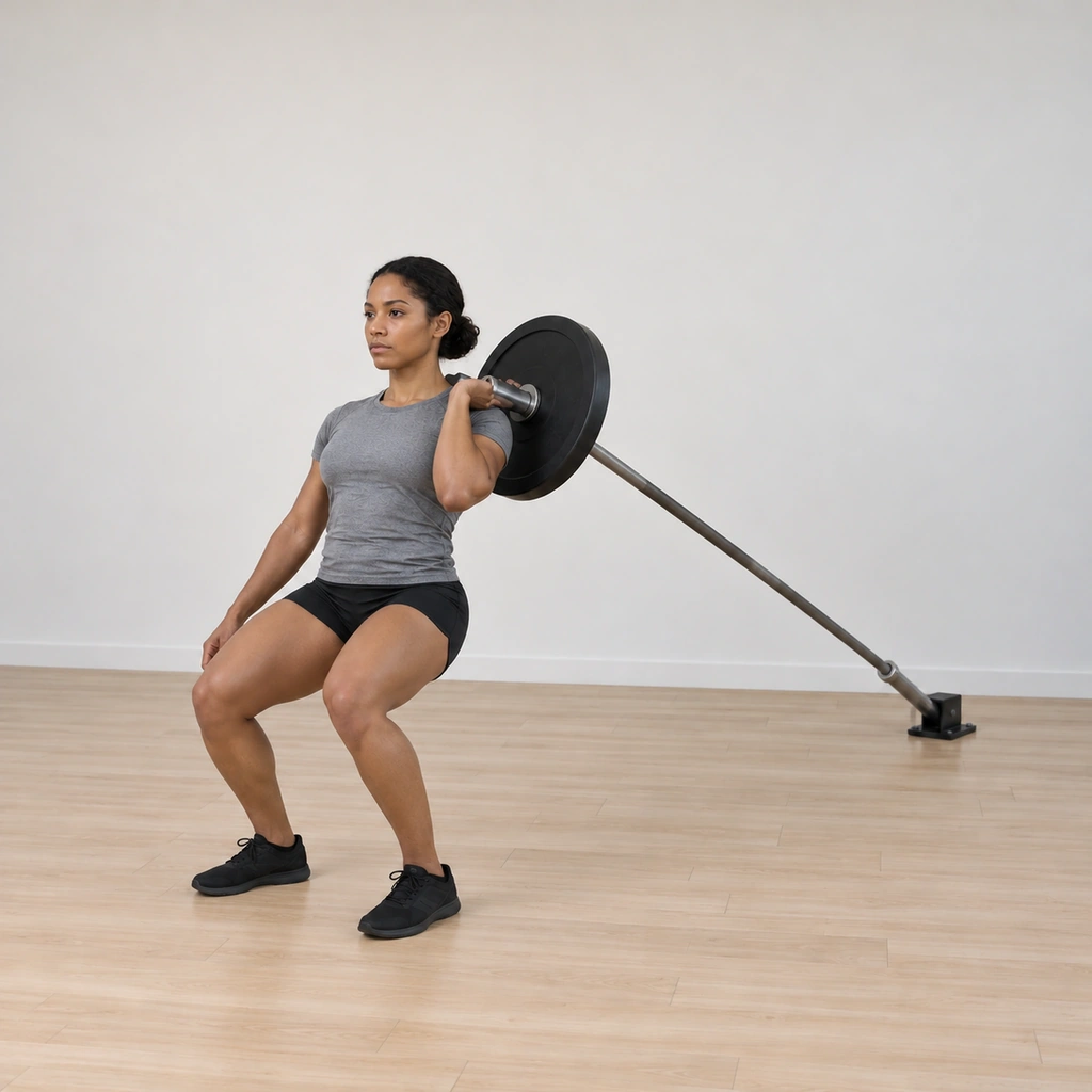 She leans back against the angled bar's support, body inclined, the bar still resting across her left shoulder, feet planted forward.