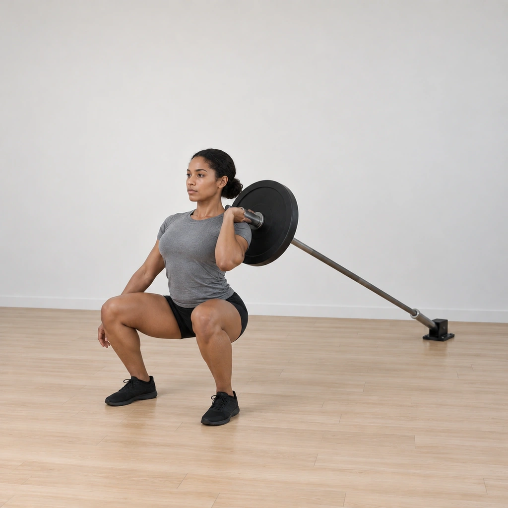 She sinks into a deep hack squat, hips dropping low while her back stays inclined against the bar, knees tracking forward over the toes.