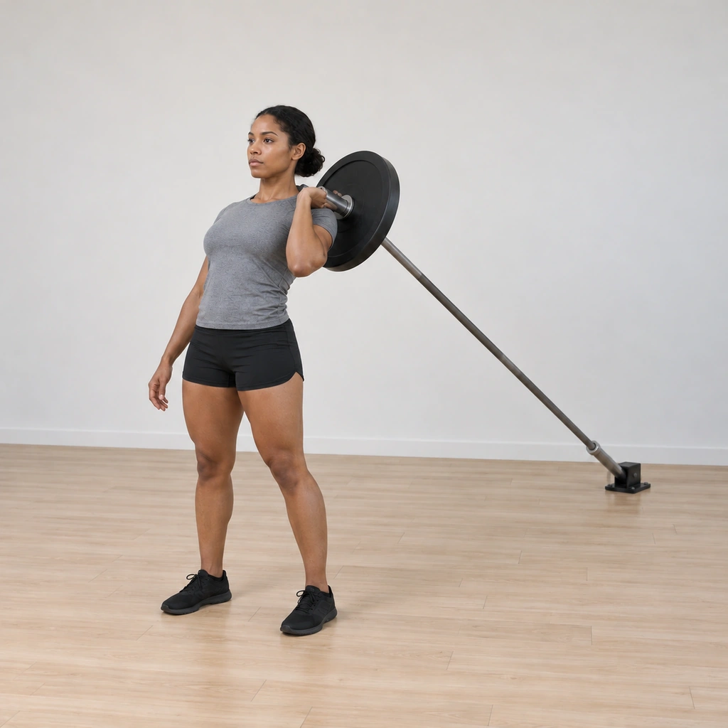 She drives back up to standing, legs extending while her back stays inclined against the bar and the bar still rests on her shoulder.