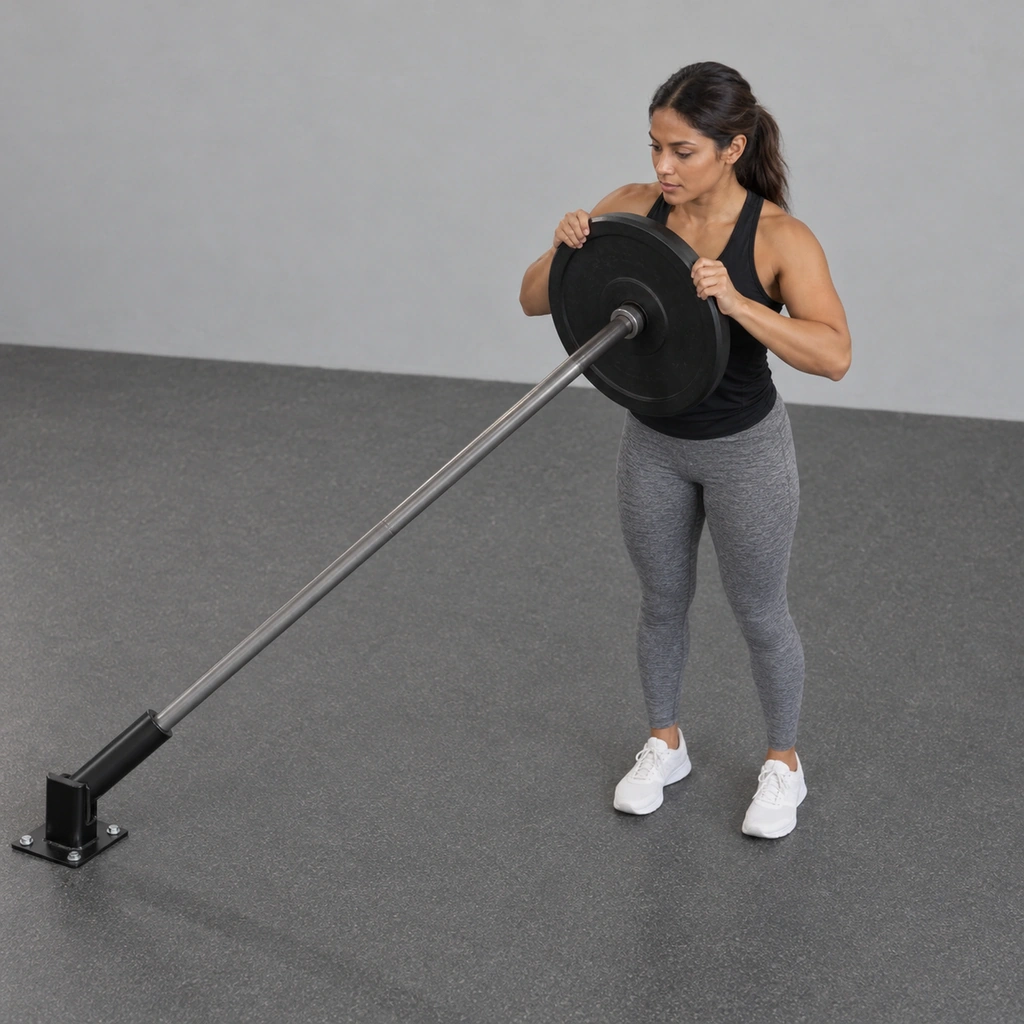 A woman standing with both feet in the same narrow separated stance, both hands holding the top of a loaded landmine bar at her chest, leaning her weight into it.