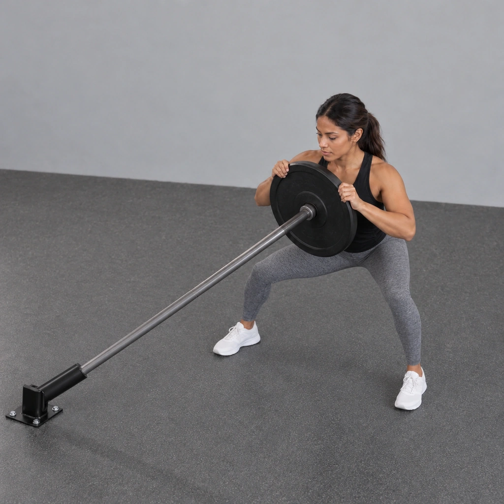 The same woman, stepped wide to the right, right knee bent with her thigh near parallel to the floor, left knee slightly bent, still leaning into the landmine bar at her chest.