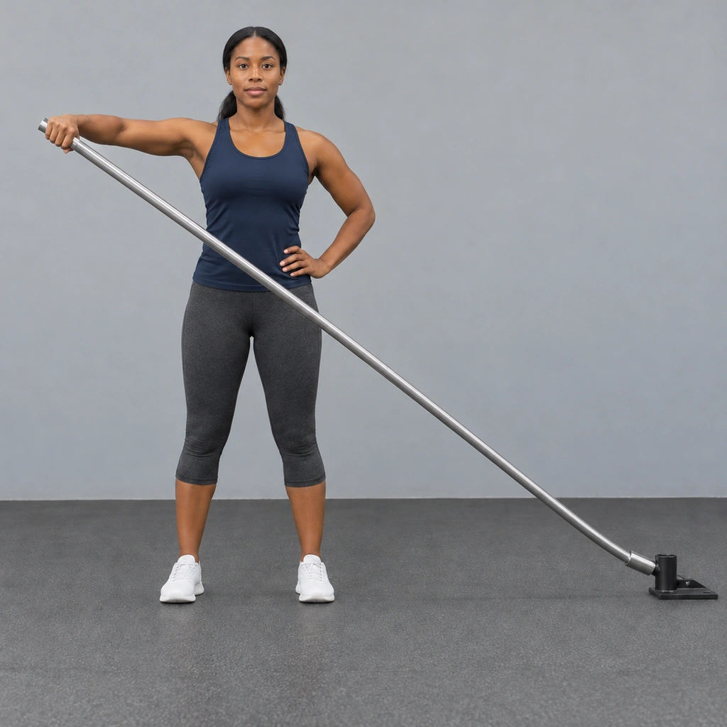 The same woman with her right arm lifted out to her side at shoulder height, still holding the raised end of the bar.