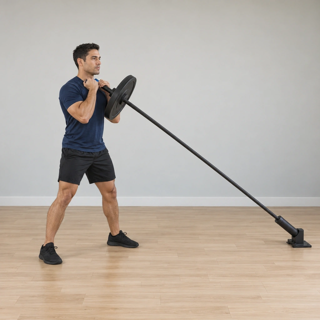 He stands in a wide athletic stance holding the anchored bar's handles at his shoulders, the bar angled up from its floor anchor.