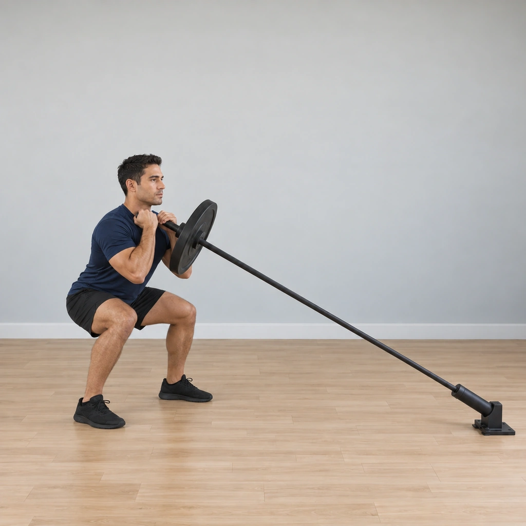 He squats with his hips set back, handles still at his shoulders and arms flexed, loading the drive.
