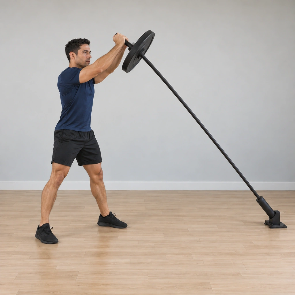 He explodes up, extending through the hips, knees and ankles while his elbows extend to drive the anchored bar up along its angled line, body tall.