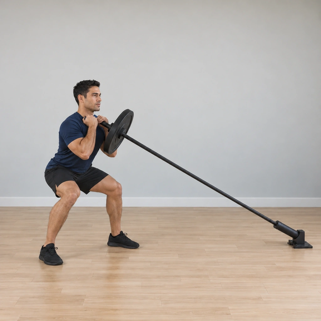He lowers the handles back to his shoulders under control, settling back into the athletic stance with the bar still angled from its anchor.