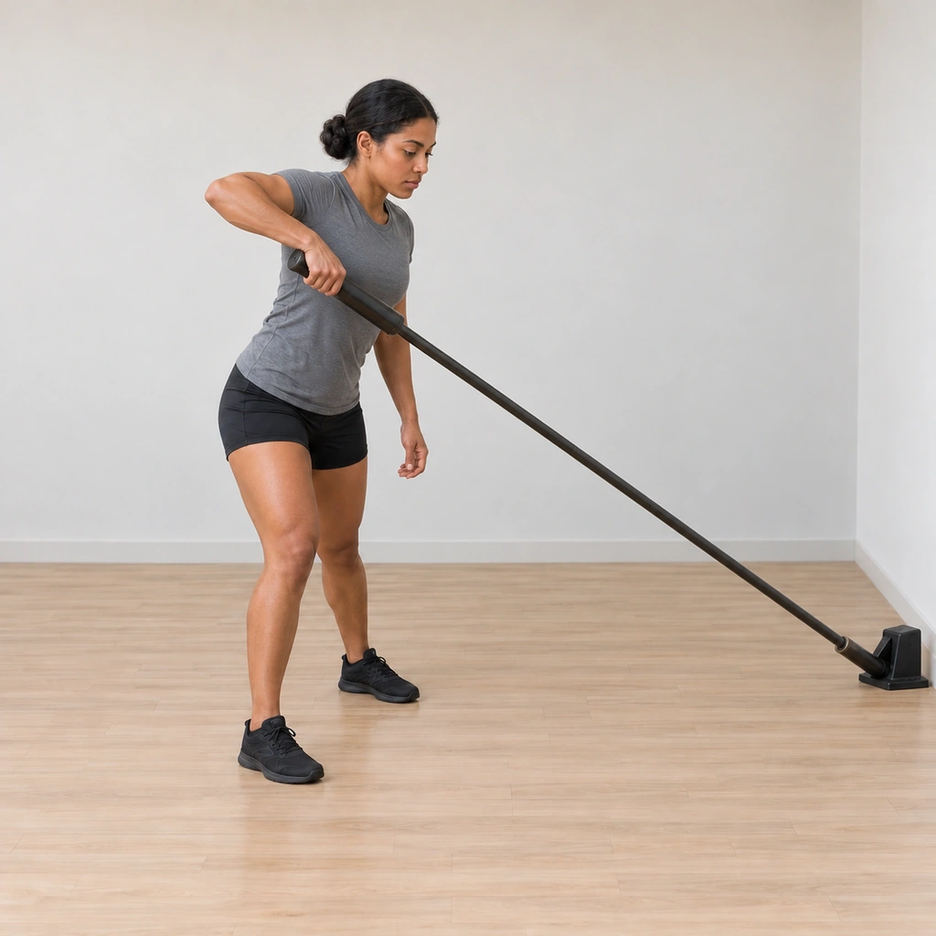 Her right elbow drives wide and high, pulling the bar sleeve up toward her ribcage, the staggered stance steady.