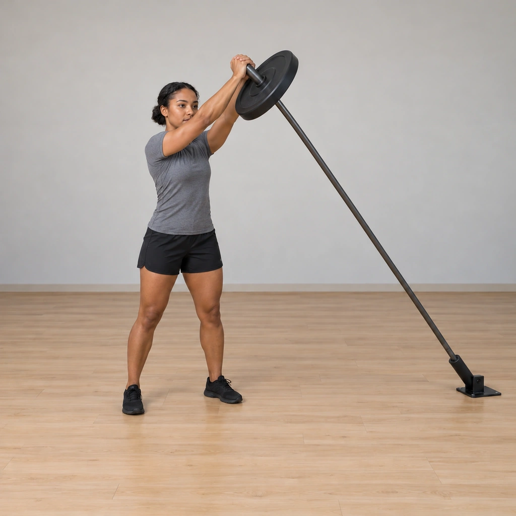 She presses the bar end up through the centre overhead, arms extending, the bar traveling in its arc above her head.