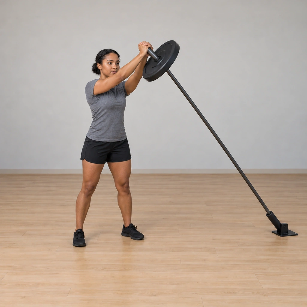 She presses the bar end back up through centre overhead, starting the return toward the left shoulder, arms extending again.