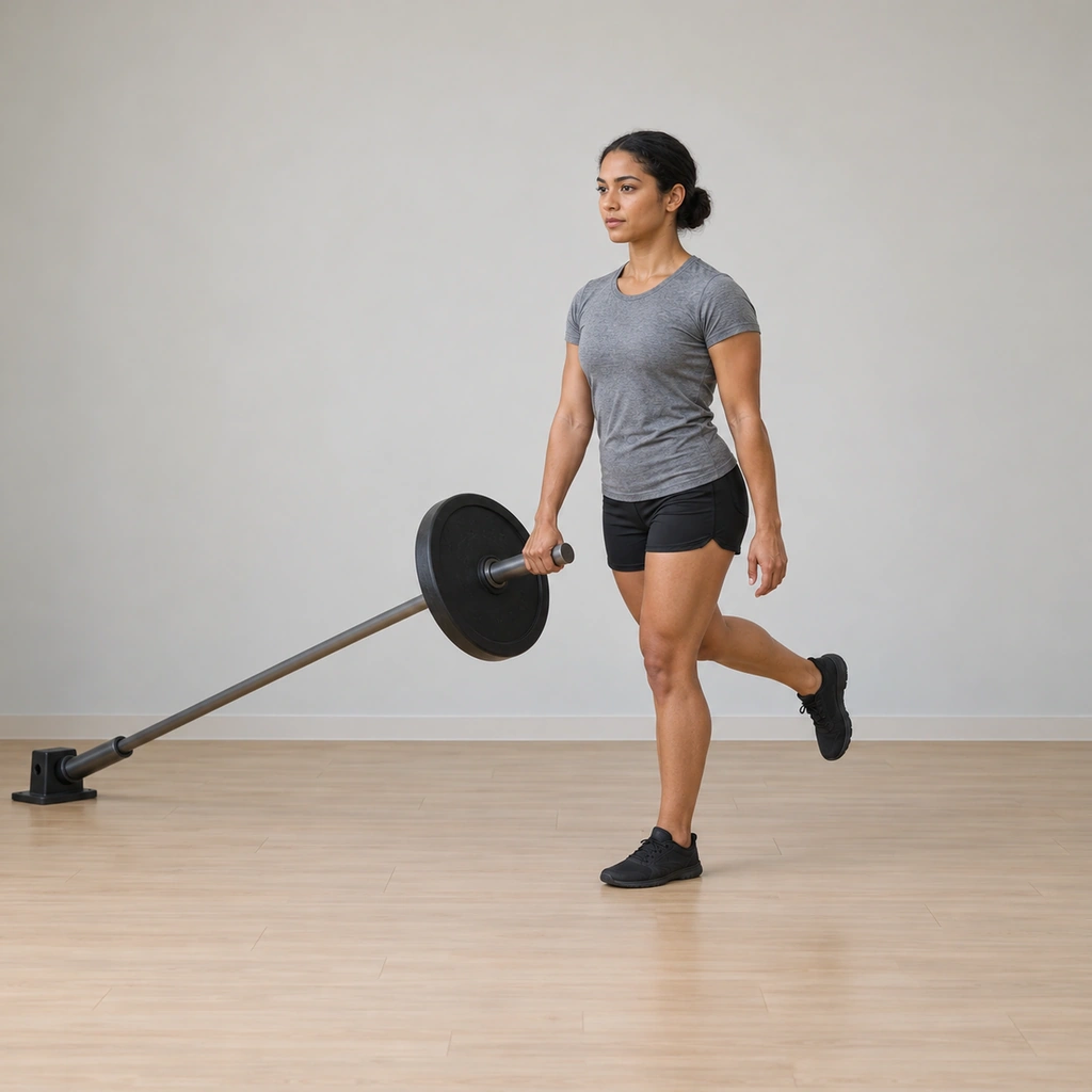 She balances on her left leg beside the anchored bar, right hand gripping its end hanging near her right hip, right leg held ready behind, core engaged.