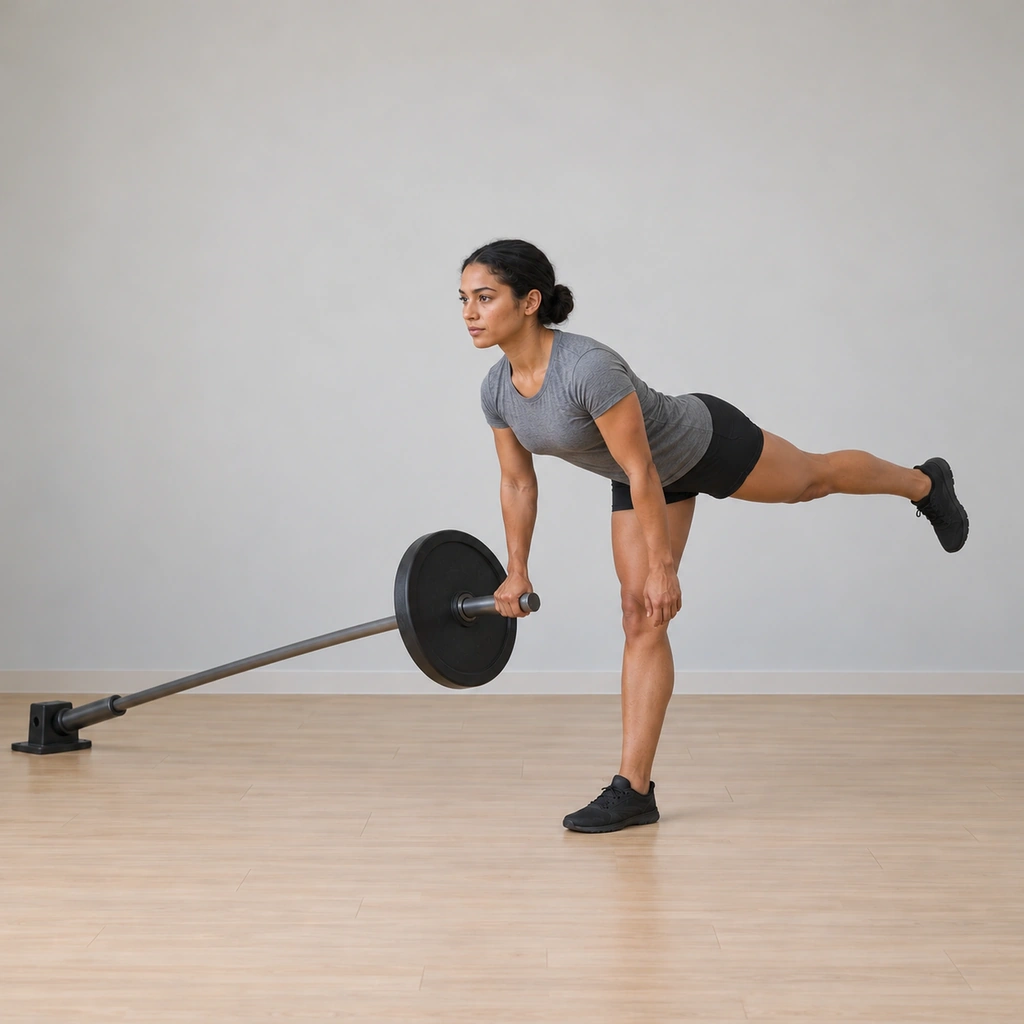 She hinges forward at the hip, her right leg stretching straight back behind her, the anchored bar end lowering along its arc, back flat.