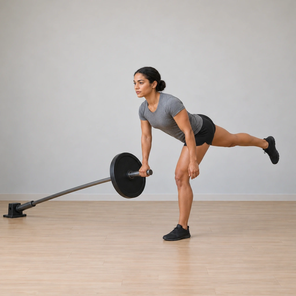 She holds the hinged bottom - trunk near horizontal, right leg extended back at hip height, the bar end low along its arc, back flat and neutral.