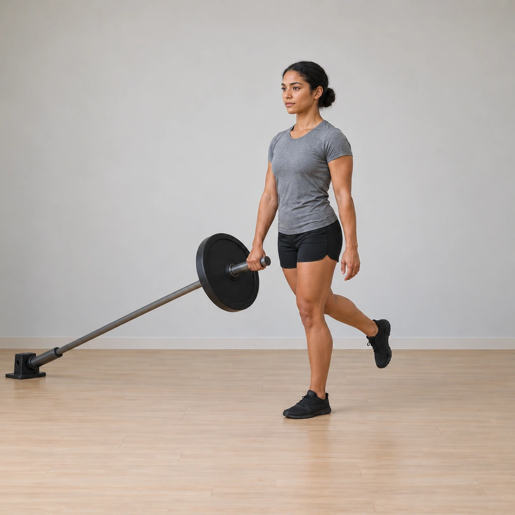 She drives back up to standing on her left leg, hips extending, right leg coming back under her, the bar end rising along its arc.