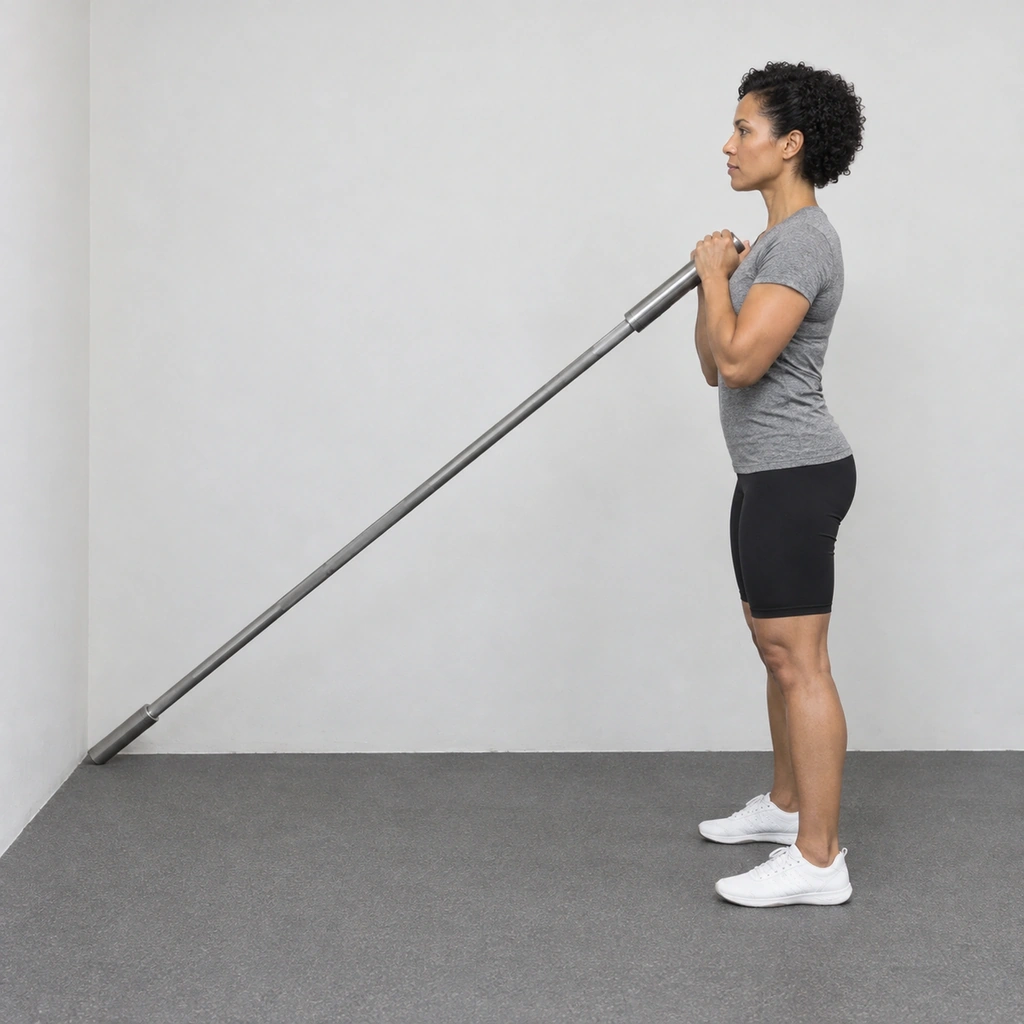 A woman standing in side view, both hands holding the raised end of a barbell at her upper chest, its other end in a corner.