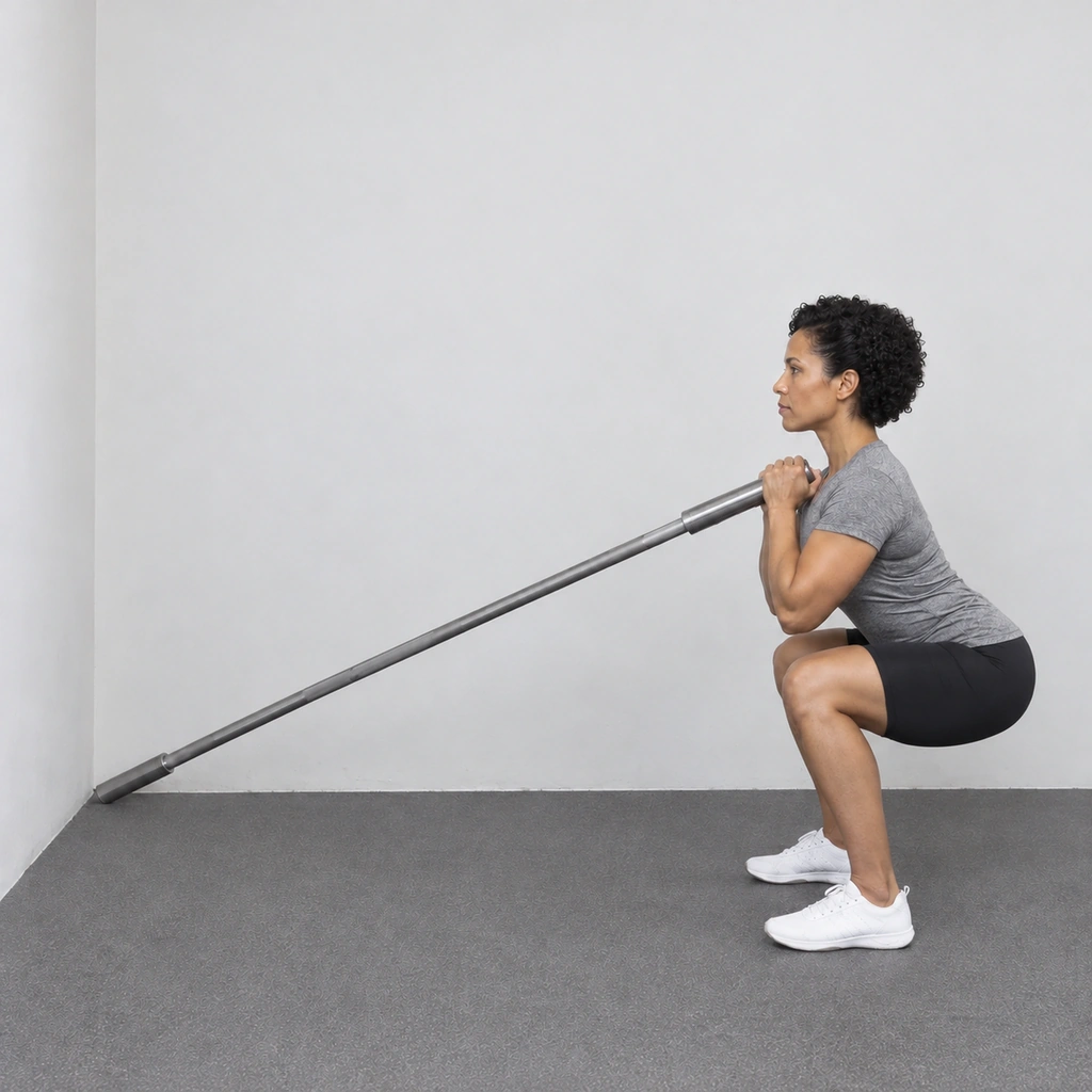 The same woman in a deep squat, thighs about parallel to the floor, still holding the raised end of the bar at her chest.