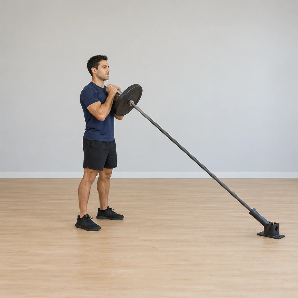 He stands facing the anchor, both hands cupping the bar end in front of his chest, elbows tucked under it, athletic stance.