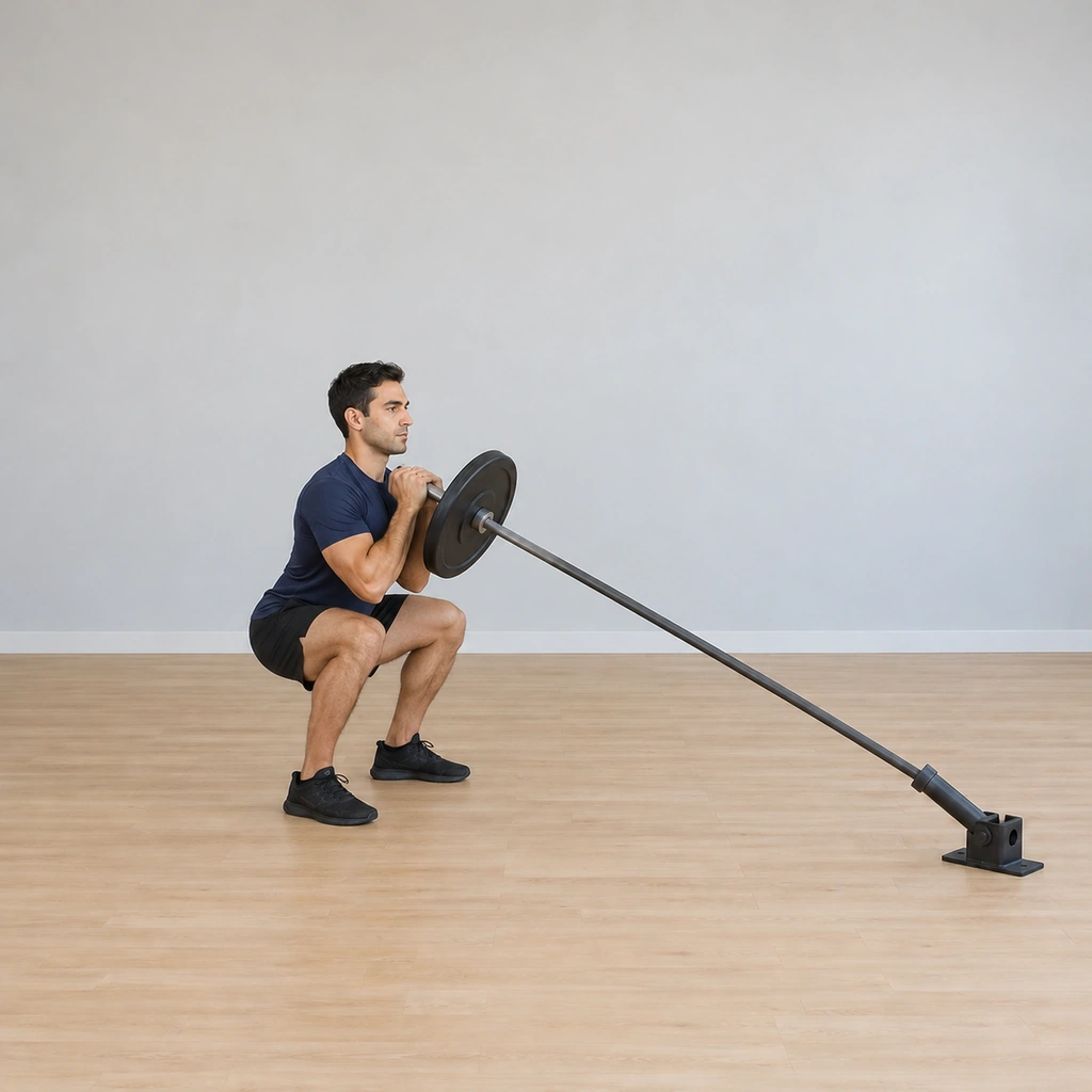 He squats deep, hips dropping low, the bar end still held at his chest with both hands, chest up.