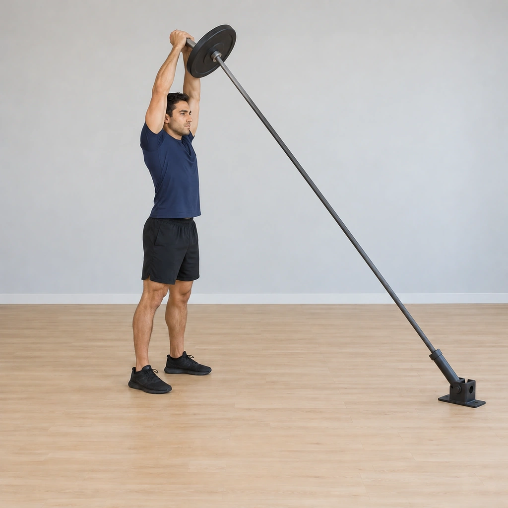 He explodes up out of the squat, pressing the bar end up above his head, arms extending to full extension overhead.